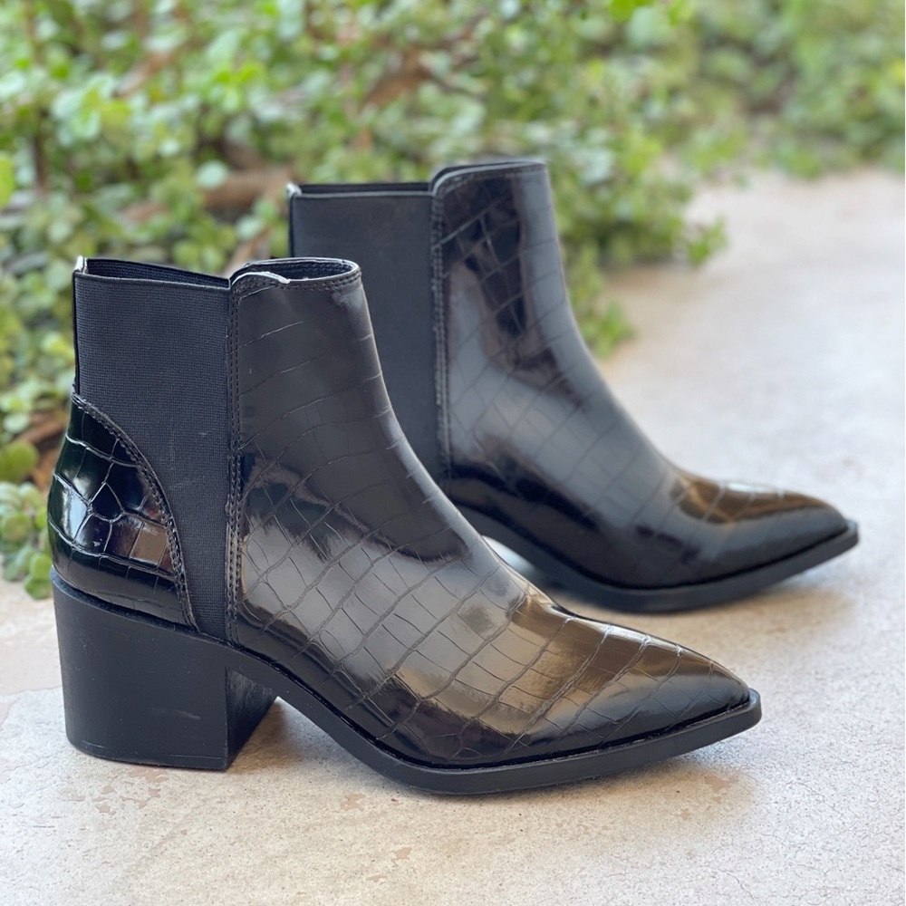 Steve Madden Black Croc-Embossed Pointed Toe Ankle Boots